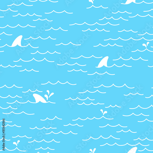 Shark whale dolphin Seamless pattern Sea Ocean doodle vector isolated wallpaper background