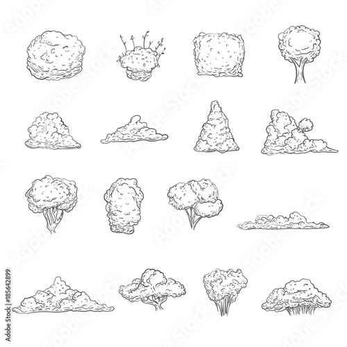 Set of bushes different shape in hand drawn sketch style. Isolated on white background. Vector illustration.