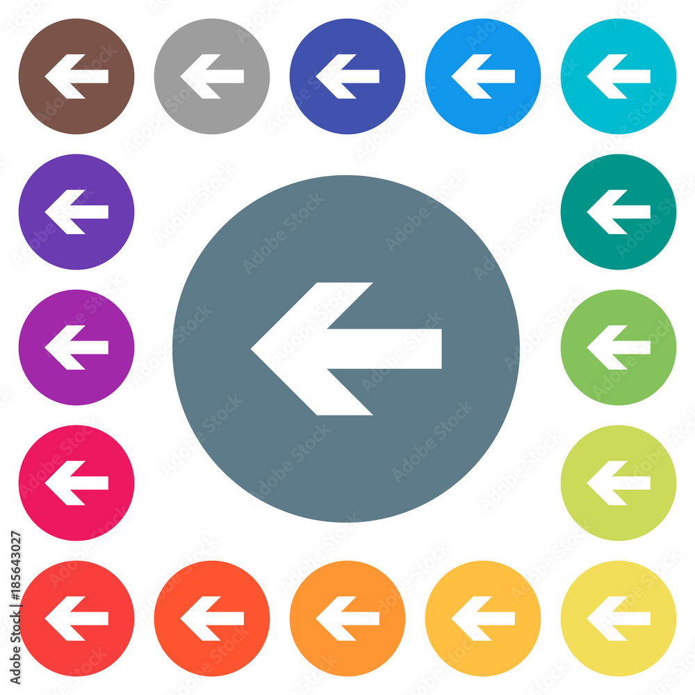 Left arrow flat white icons on round color backgrounds Left arrow flat white icons on round color backgrounds