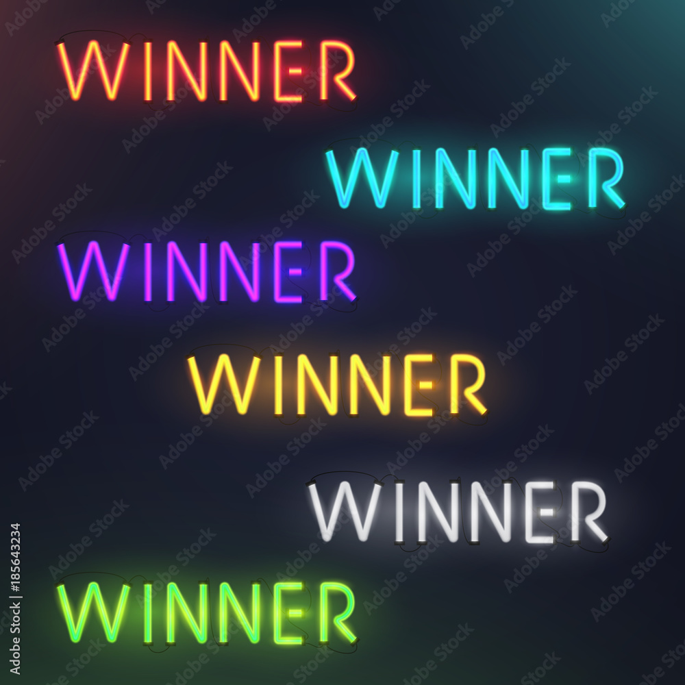 Set of colorful glowing inscription winner. 3d realistic neon sign isolated on black background. Retro electric lamp in form of word. Vector illustration.
