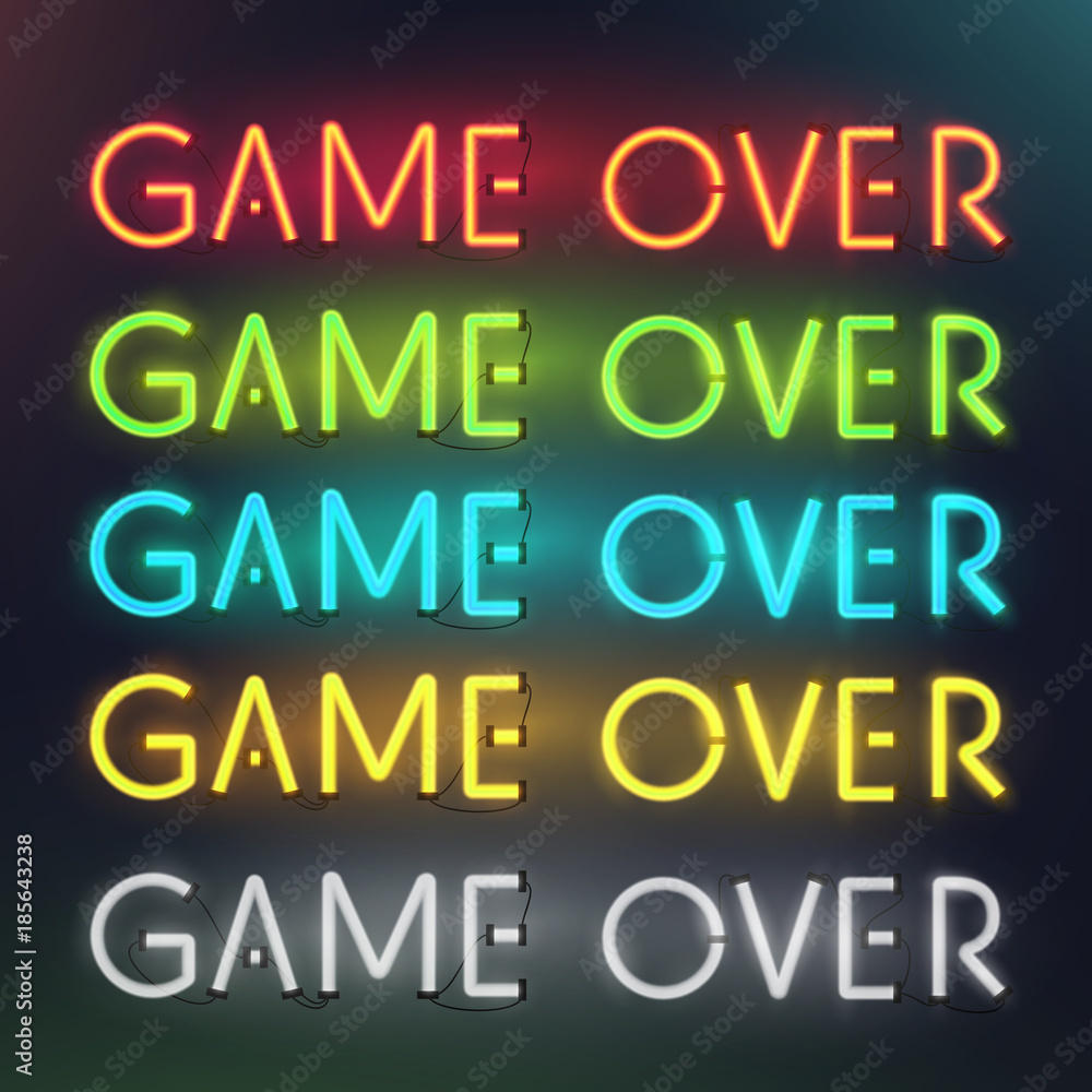 Set of colorful glowing inscription game over. 3d realistic neon sign isolated on black background. Retro electric lamp in form of word. Vector illustration.