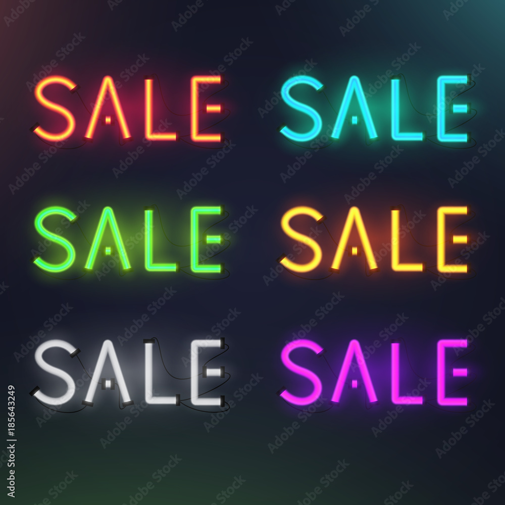 Fototapeta premium Set of colorful glowing inscription sale. 3d realistic neon sign isolated on black background. Retro electric lamp in form of word. Vector illustration.