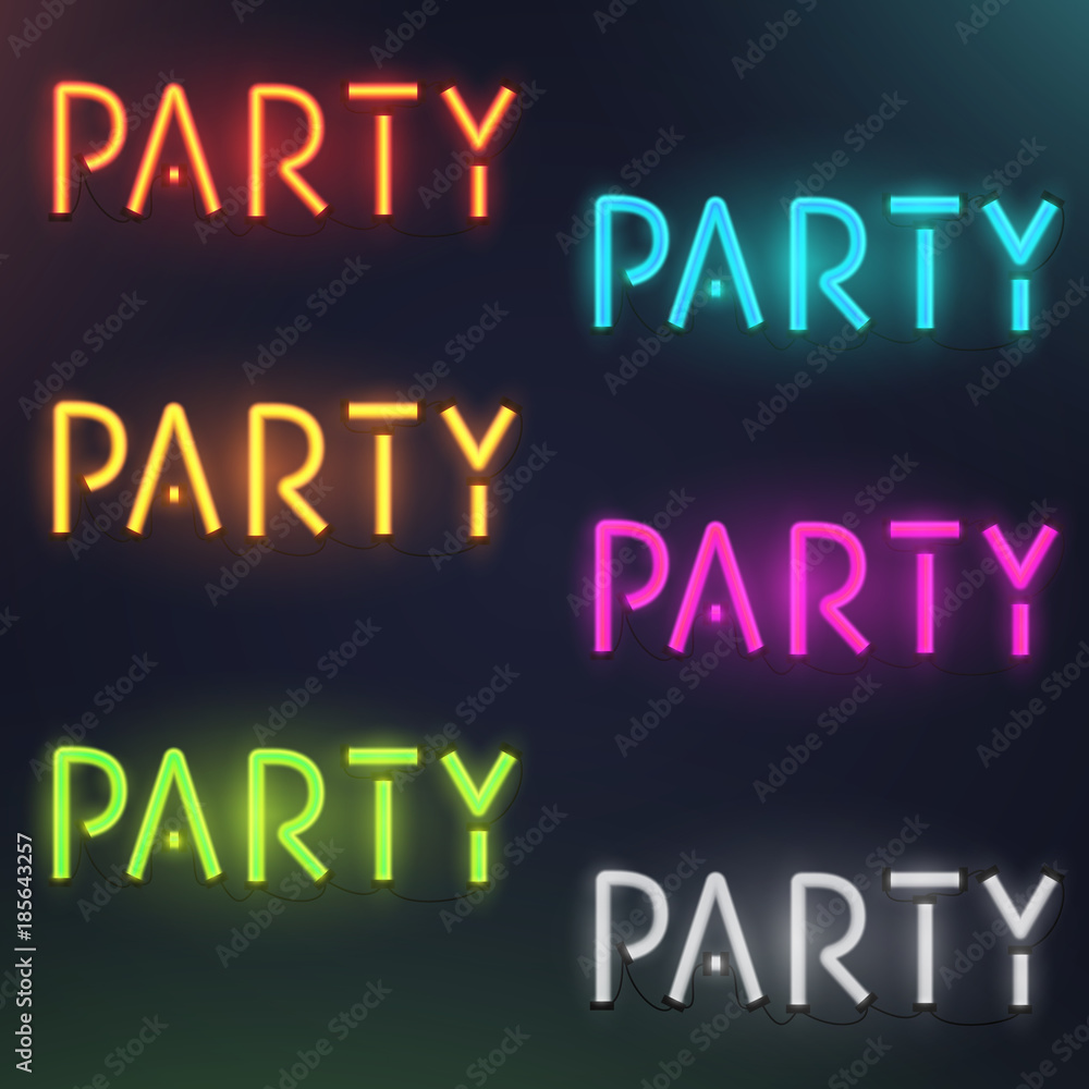 Set of colorful glowing inscription party. 3d realistic neon sign isolated on black background. Retro electric lamp in form of word. Vector illustration.
