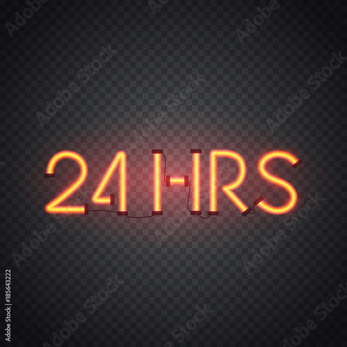 Glowing inscription 24 hrs. 3d realistic neon sign isolated on transparent background. Retro electric lamp in form of word. Vector illustration.