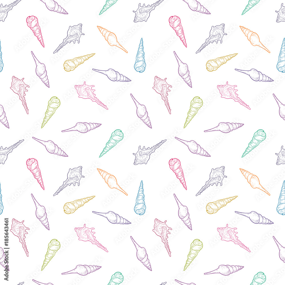 Obraz premium Hand drawn seamless pattern of seashells. Template for background textile design, cover, branding. Marine vector illustration.