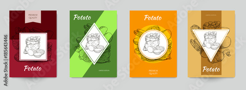 Set of template for branding, cover package, identity, banner, promote, card, label with potatos in retro vintage hand drawn, sketches, engraved style. Modern background. Vector illustration.