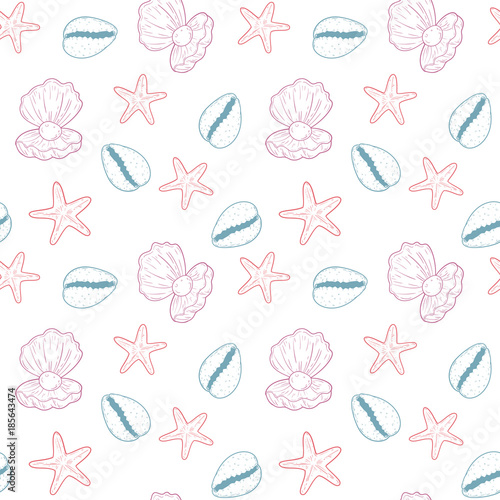 Hand drawn seamless pattern of seashells. Template for background textile design, cover, branding. Marine vector illustration.