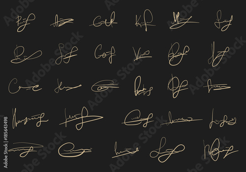 Set of fictitious signature isolated on black background. Template for personal autograph. Abstract vector sketch strokes.