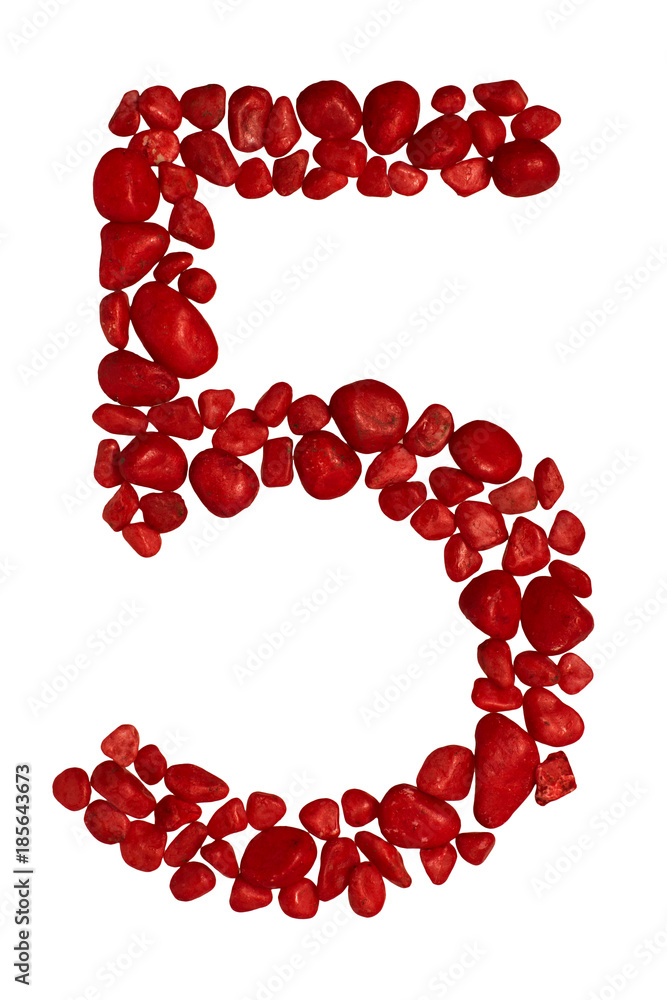 Digit five of red pebbles, 5, isolated on white background Digit five of red pebbles, 5, isolated on white background