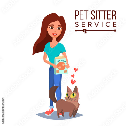 Cat Pet Sitter Vector. Cat Sitter Walking. Pet Taking A Rest. Cartoon Character Illustration