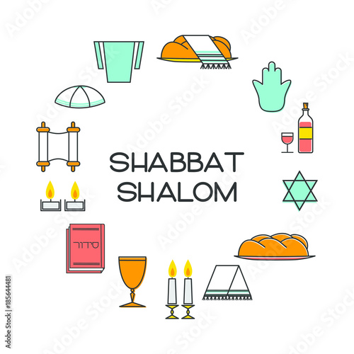 Shabbat shalom greeting card. Star of David, candles, kiddush cup and challah. Vector illustration. Isolated on white.
