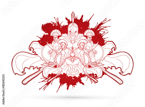 Group of Spartan warriors, Roman Helmet composition designed on splatter blood background graphic vector