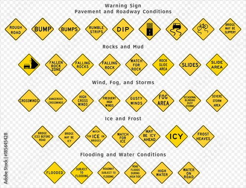 Road sign. Warning. Pavement and Roadway Conditions. Rocks and Mud. Wind, Fog and Storms. Ice and Frost. Flooding and Water Conditions. Vector illustration on transparent background
