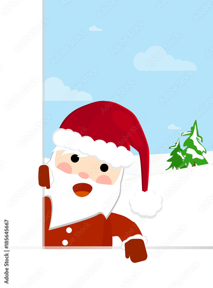 Santa Claus with Christmas tree welcomes everyone with Christmas. Holidays and fun. Vector illustration Santa Claus with Christmas tree welcomes everyone with Christmas. Holidays and fun. Vector illustration