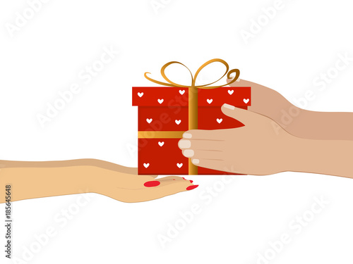Men's hands offer a gift (box, souvenir) to women's hands. Holidays and events. Delivery service.