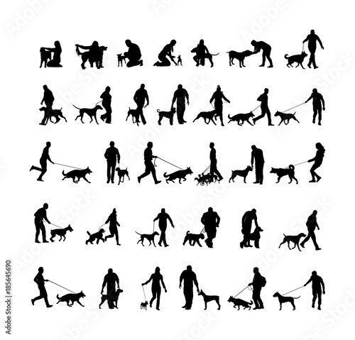 Owner keeps dog on the leash by running, champion dog vector silhouette, show exhibition. Finder detect explosives and drugs. Rescue activity dog for finding survive. Pet friendly. Shepard, Doberman,