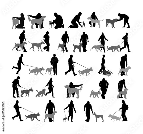Owner keeps dog on the leash by running, champion dog vector silhouette, show exhibition. Finder detect explosives and drugs. Rescue activity dog for finding survive. Pet friendly. Shepard, Doberman,