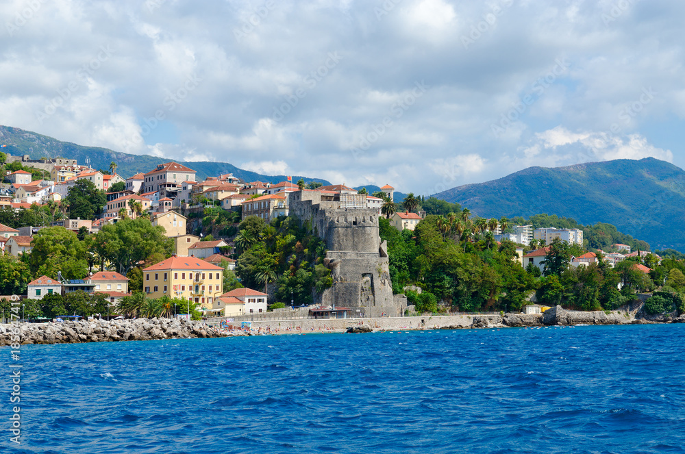 View of resort town of Herceg Novi and fortress of Forte Mare from sea, Montenegro