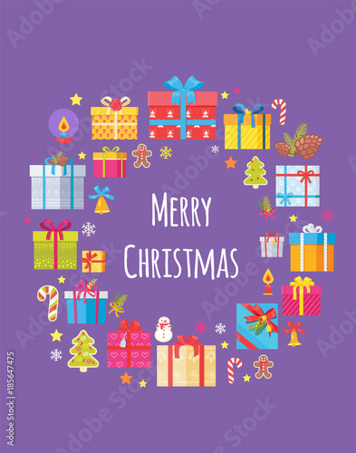 Merry Christmas Poster with Present Boxes Symbols
