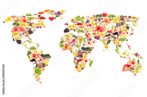 World map from different fresh fruits and vegetables  isolated
