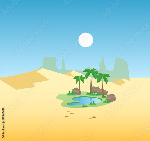 Oasis in the desert dunes. Flat design, vector illustration.