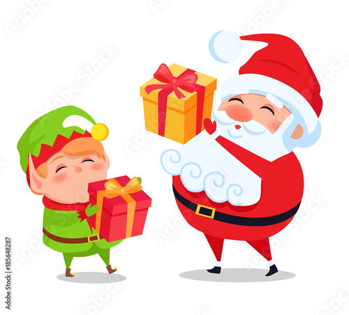 Santa Claus and Elf Helper Holds Presents in Hands © robu_s