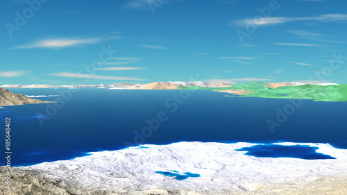 Alien Planet. Mountain and water. 3D rendering