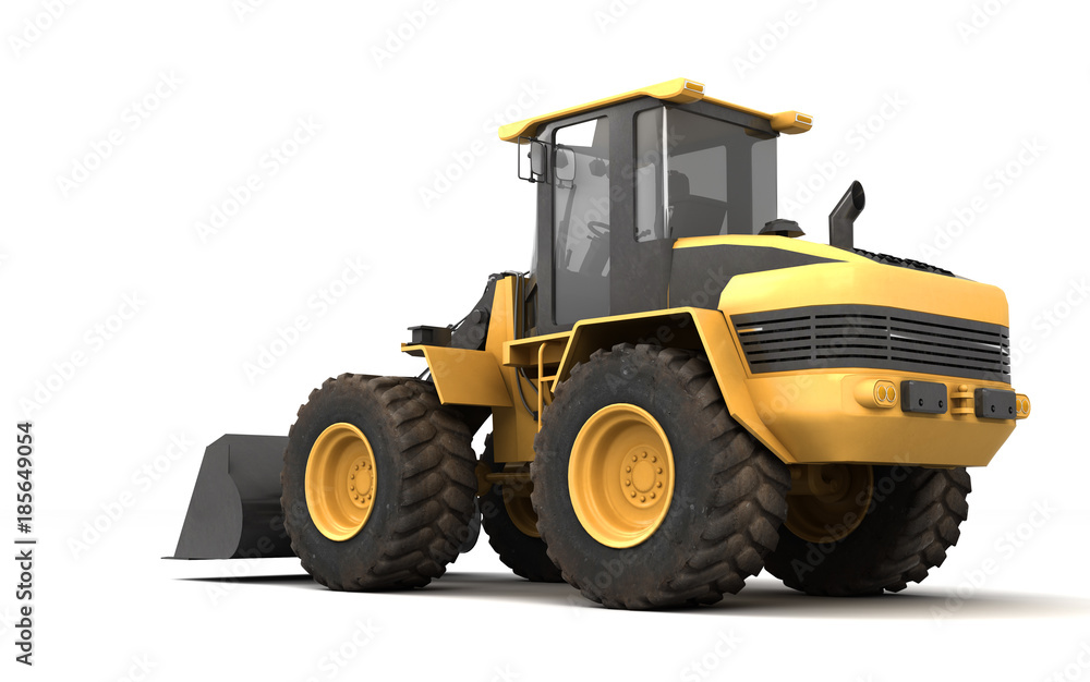 Powerfull concept. Massive yellow hydraulic earth mover isolated on white. Right to left direction. 3D illustration. Wide angle. Rear side view