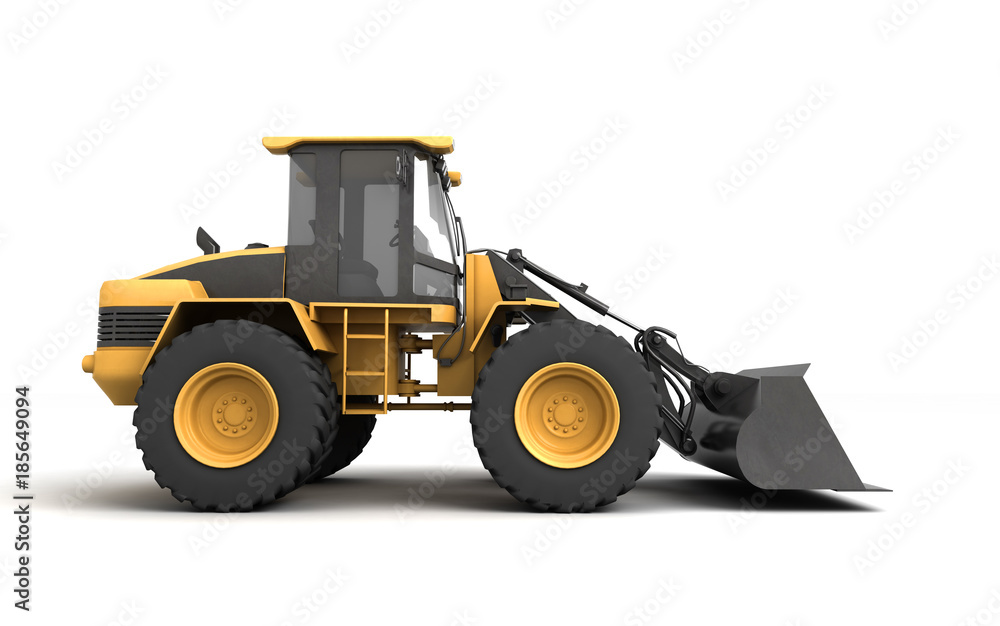 Powerfull concept. Massive yellow hydraulic earth mover isolated on white. Left to right direction. 3D illustration. Right view