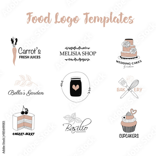 Simple logo templates with food and drinks. Cafe and bakery logotypes. Vector icons