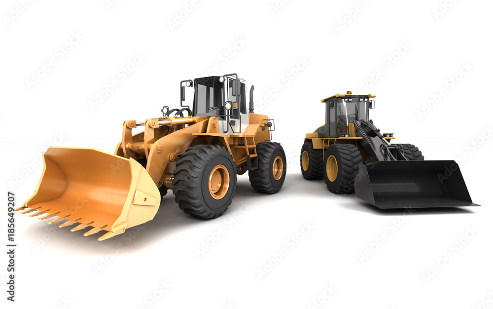 Construction site concept. Two different powerfull hydraulic earth movers isolated on white moving in different directions. 3D illustration. Wide angle. Front view Construction site concept. Two different powerfull hydraulic earth movers isolated on white moving in different directions. 3D illustration. Wide angle. Front view