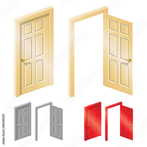 Classic painted wooden panel door with christmas wreath. Sen on several colors - beige, gray and red. Open and closed position. Vector illustration on white background.