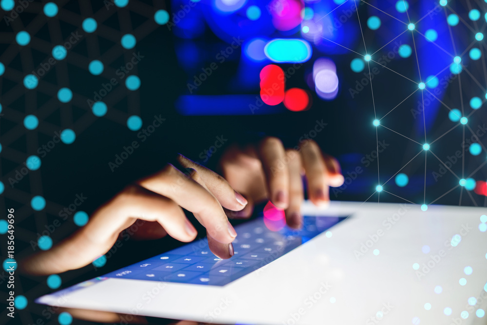 Hands Touching Big Smart Device Browsing Internet With Connection Net And Blurred Background Hands Touching Big Smart Device Browsing Internet With Connection Net And Blurred Background