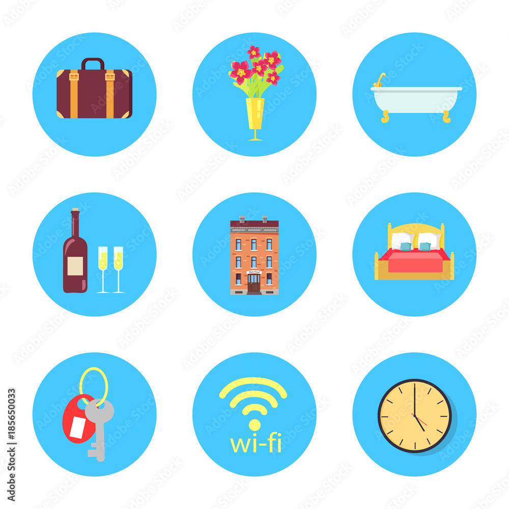 Hotel Themed Isolated Illustrations in Circles Set Hotel Themed Isolated Illustrations in Circles Set