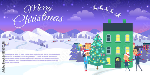 Merry Christmas on City and Blue Sky Background