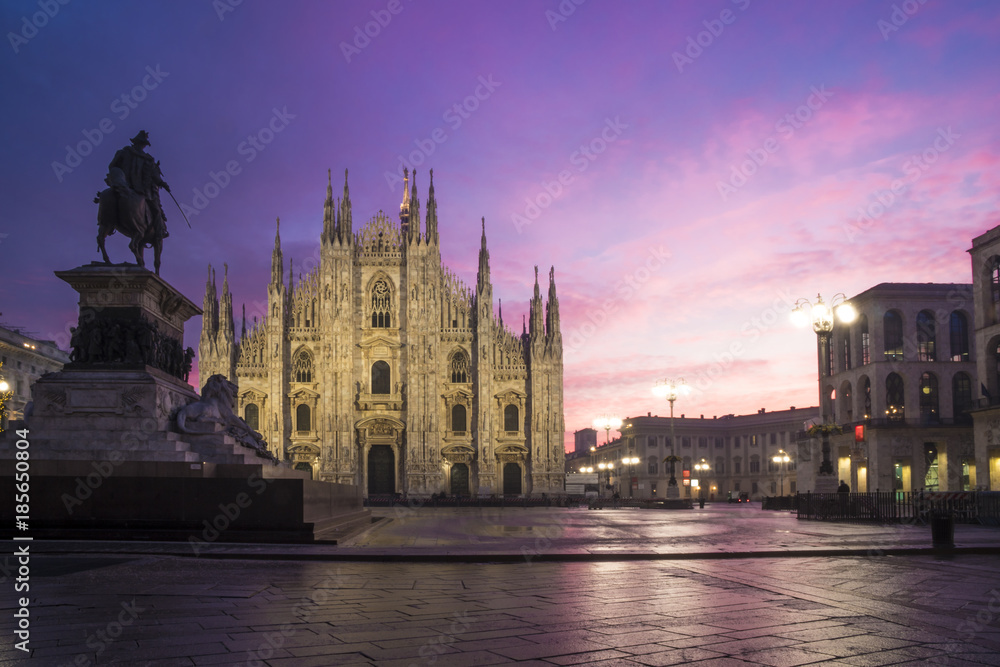 Milan, Italy: Piazza Duomo with the Milan cathedral at dawn