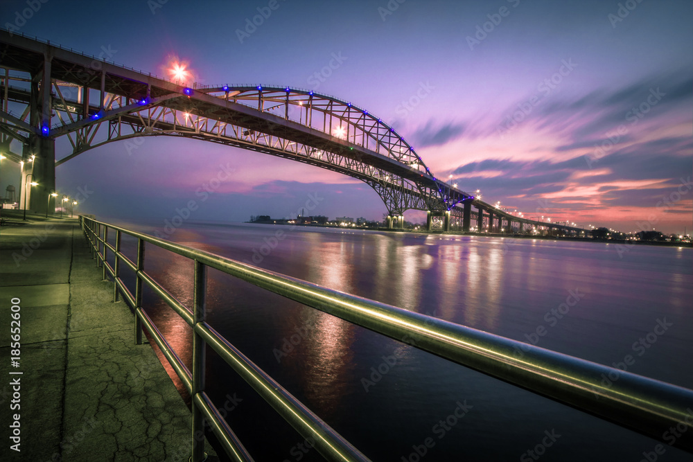 Blue Water Bridge Cityscape Panorama. The waterfront district of Port Huron, Michigan with the Blue Water Bridge. The Bridge connects the USA and Canada.