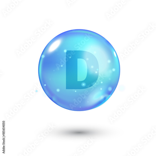 Shiny colored bowl with letter, vitamin, blue capsule. Blue bubble