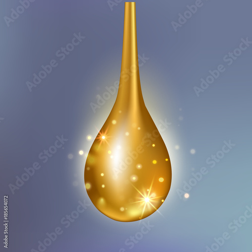 Supreme collagen oil drop essence. Premium gold shining serum droplet.
