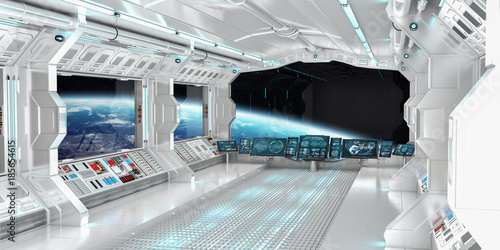 Fototapeta Naklejka Na Ścianę i Meble -  Spaceship interior with view on the planet Earth 3D rendering elements of this image furnished by NASA
