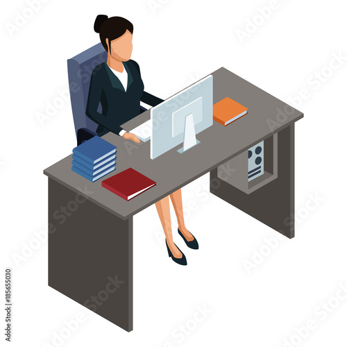 Business woman on office desk icon vector illustration graphic design