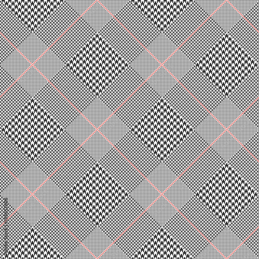 Prince of Wales check pattern in classic black and white with red overcheck. Seamless glen plaid vector texture. Diagonal print.  - obrazy, fototapety, plakaty 