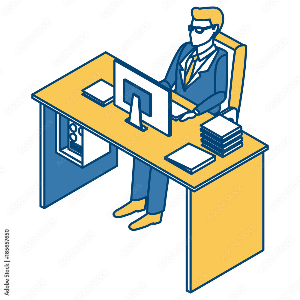 Businessman on office desk icon vector illustration graphic design Businessman on office desk icon vector illustration graphic design