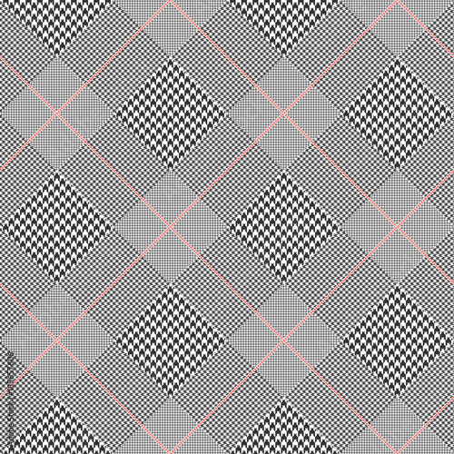 Prince of Wales check pattern in classic black and white with red overcheck. Seamless glen plaid vector texture. Diagonal print. 