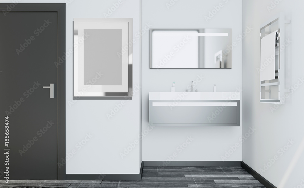 Spacious bathroom in gray tones with heated floors, freestanding tub. 3D rendering. Empty picture