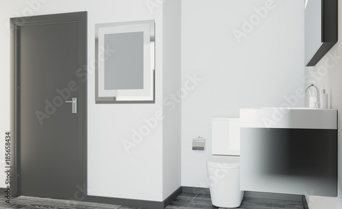 Spacious bathroom in gray tones with heated floors  freestanding tub. 3D rendering. Empty picture