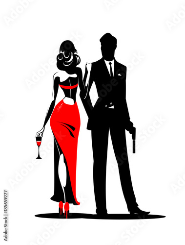 Secret Agent with gun and glass. Woman in red turned his back to us
