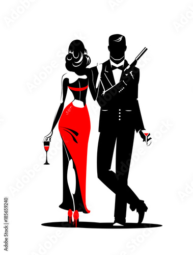 Secret Agent with gun and glass. Woman in red turned his back to us