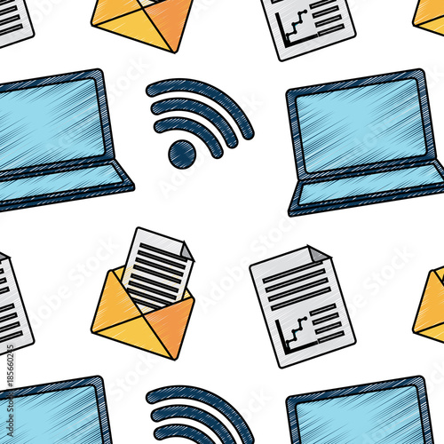 seamless pattern internet laptop wifi email and document vector illustration drawing image