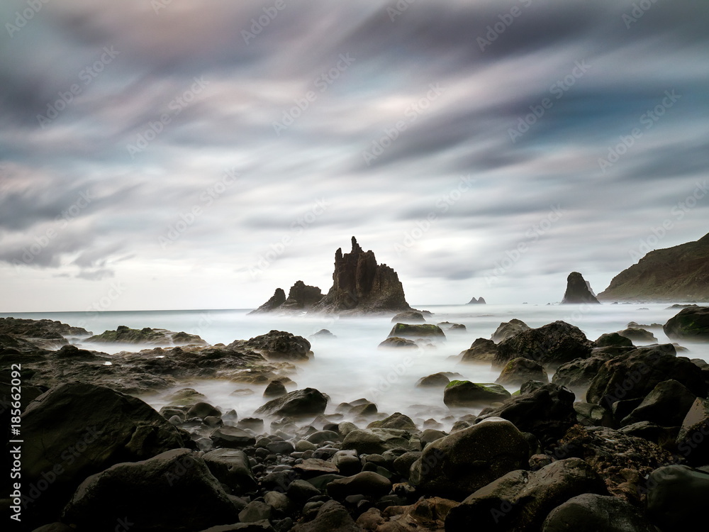 view of Benijo beach on cloudy evening, Tenerife, Canary islands, Spain